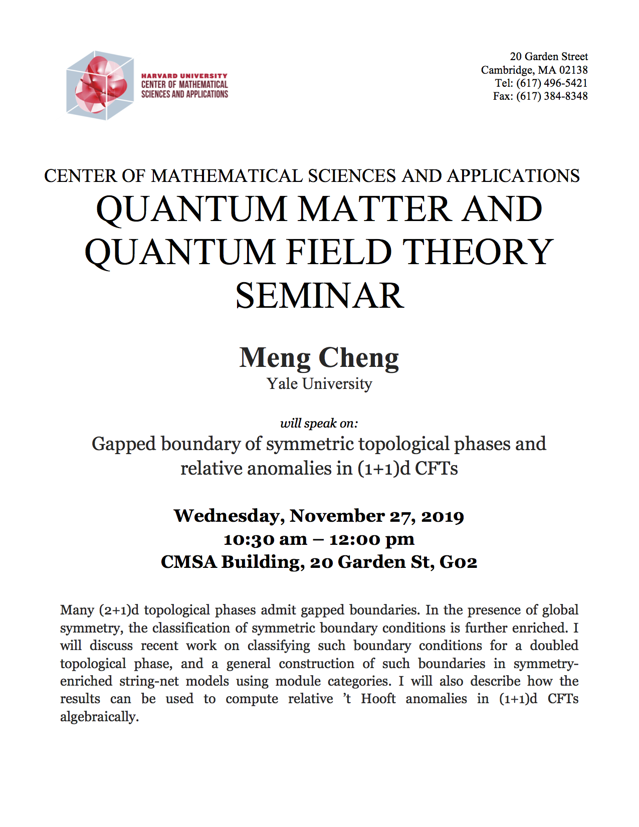 11/27/2019 Quantum Matter Seminar