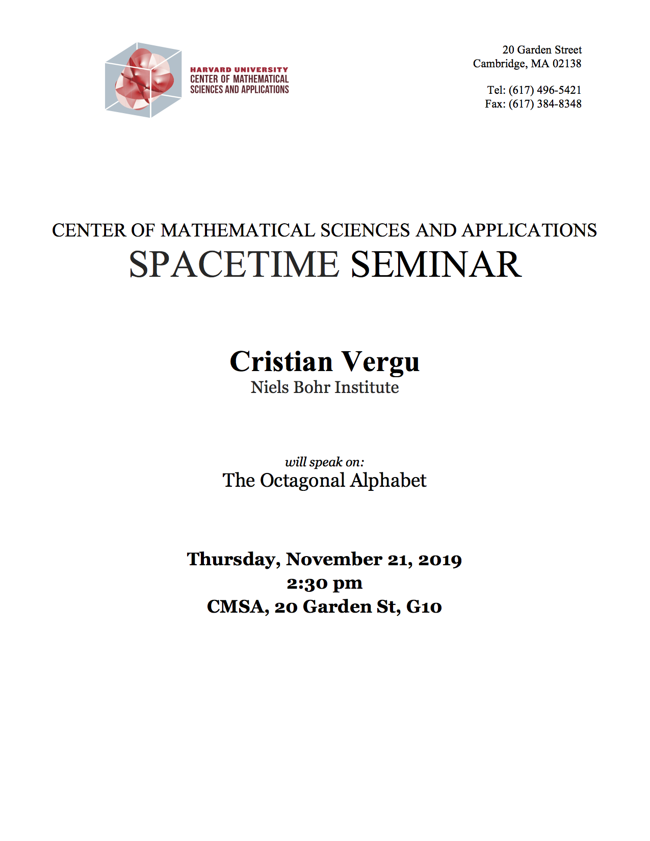 11/21/2019 Spacetime Seminar