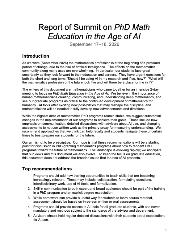 Summit on PhD Math Education in the Age of AI
