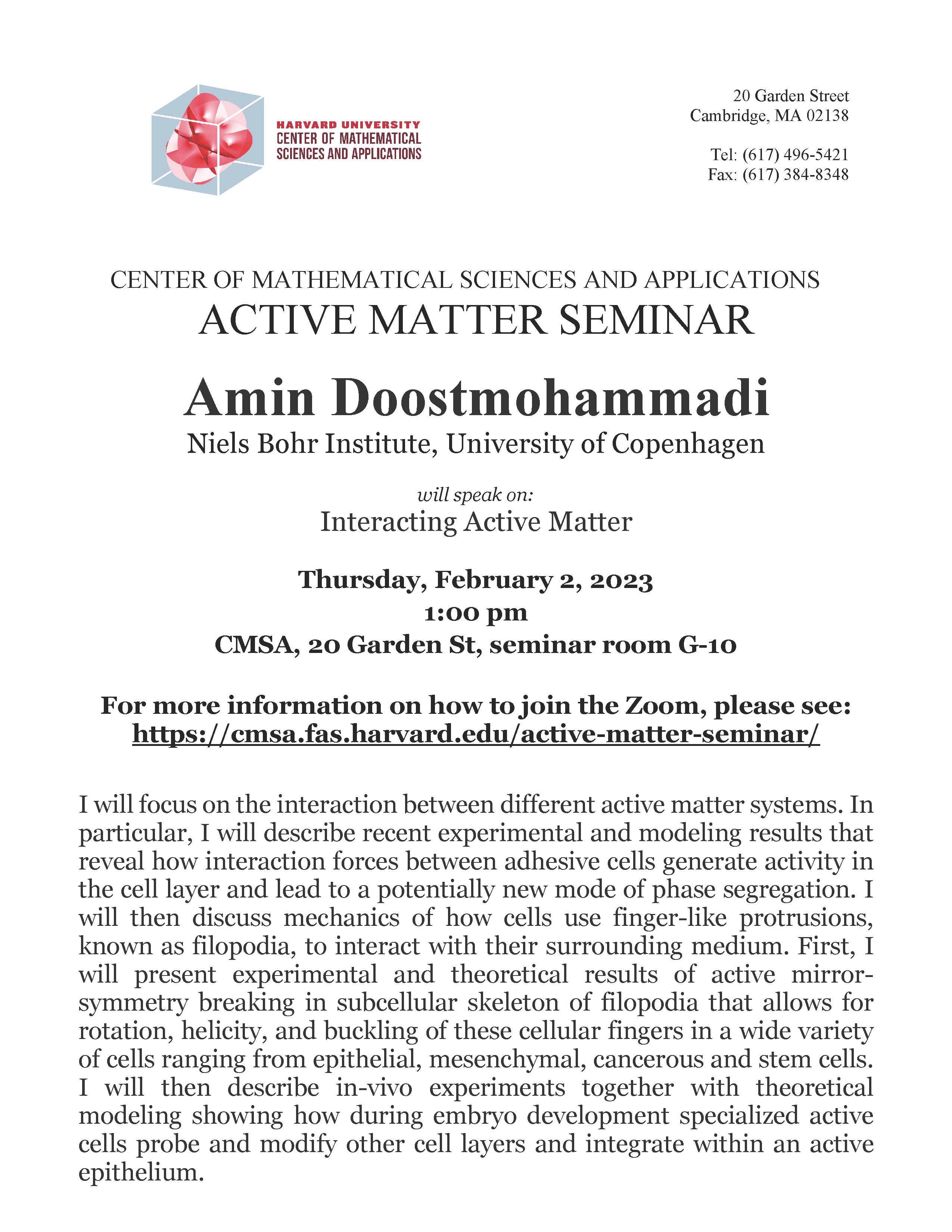 CMSA Active Matter Seminar 02.02.23