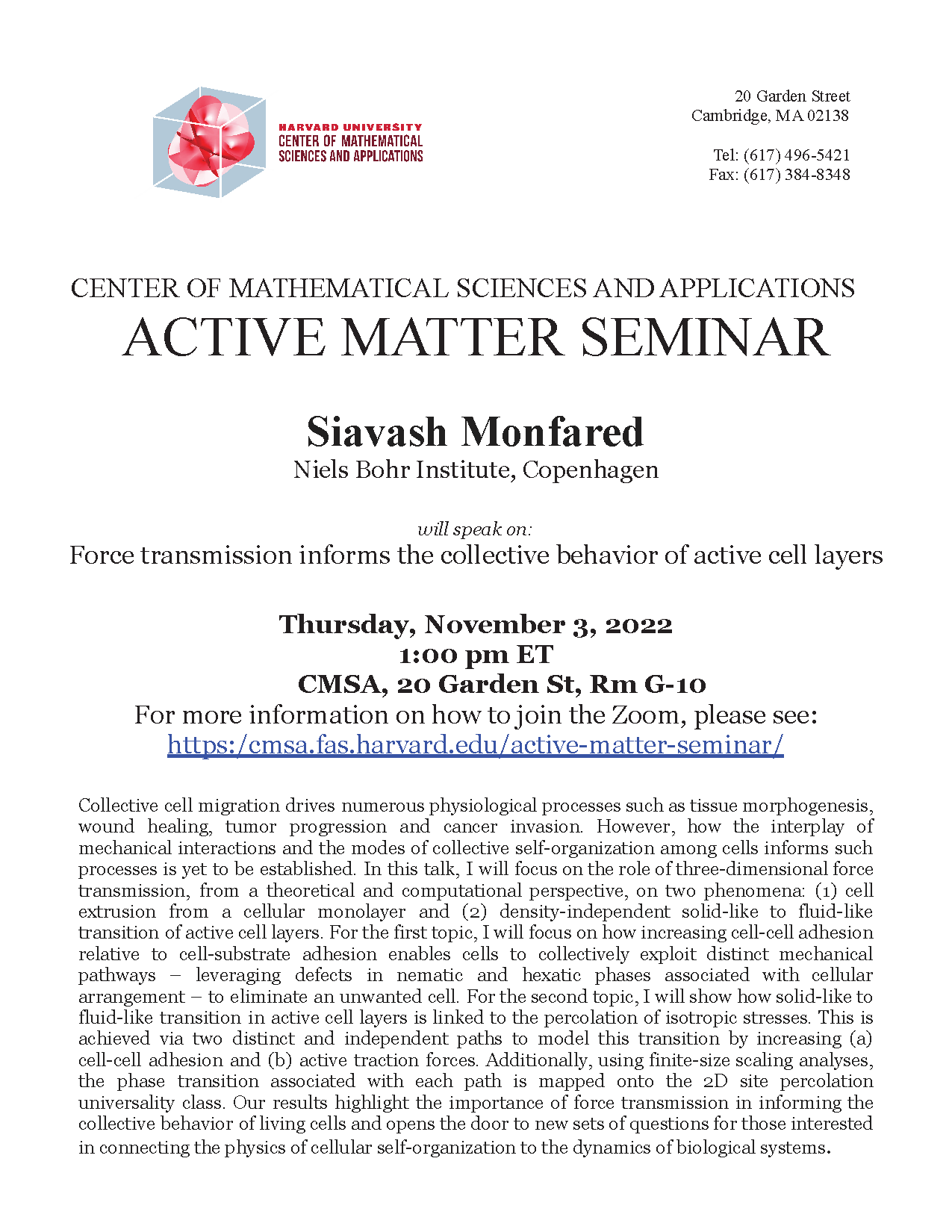 CMSA Active Matter Seminar 11.03.22