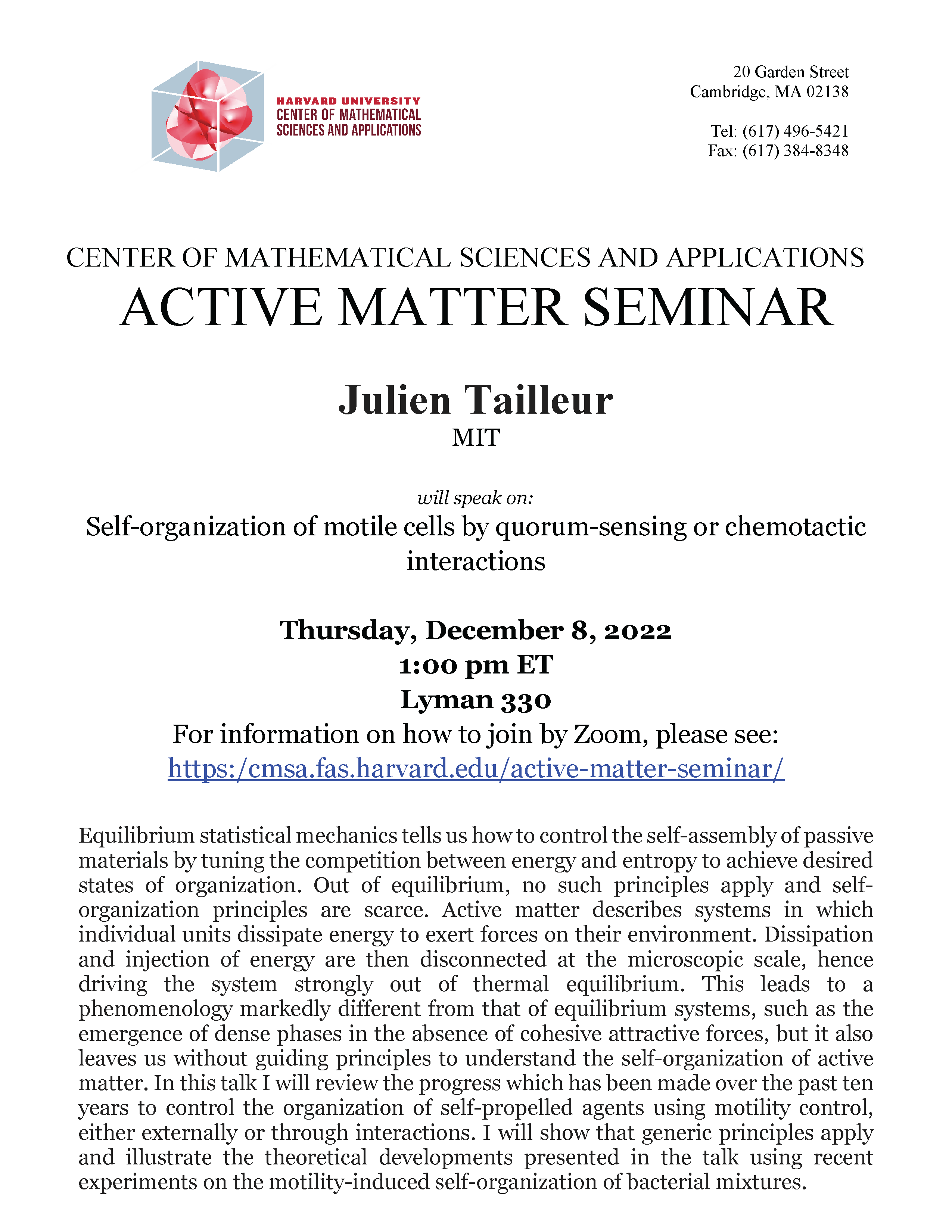 CMSA Active Matter Seminar 12.08.22