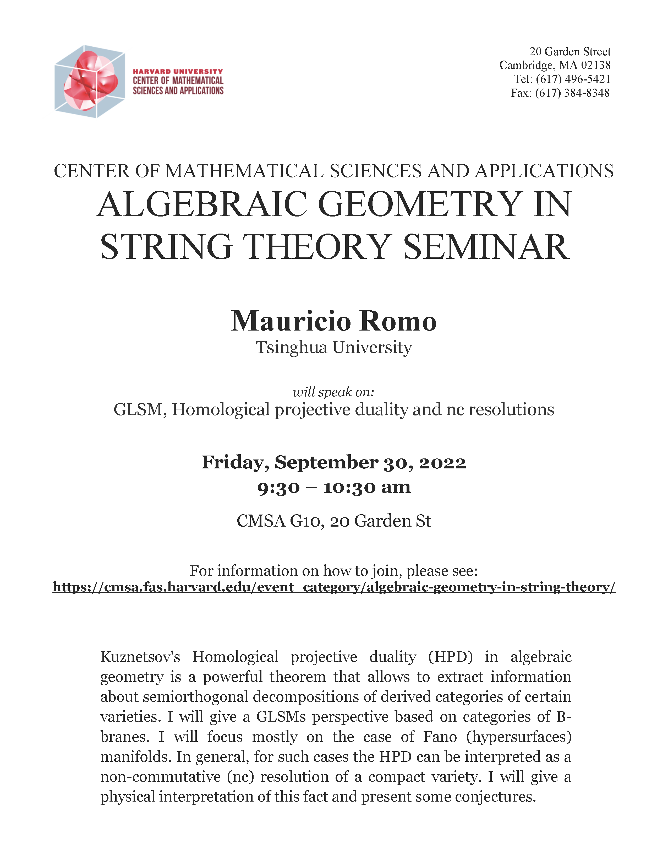 CMSA Algebraic Geometry in String Theory 09.30.2022