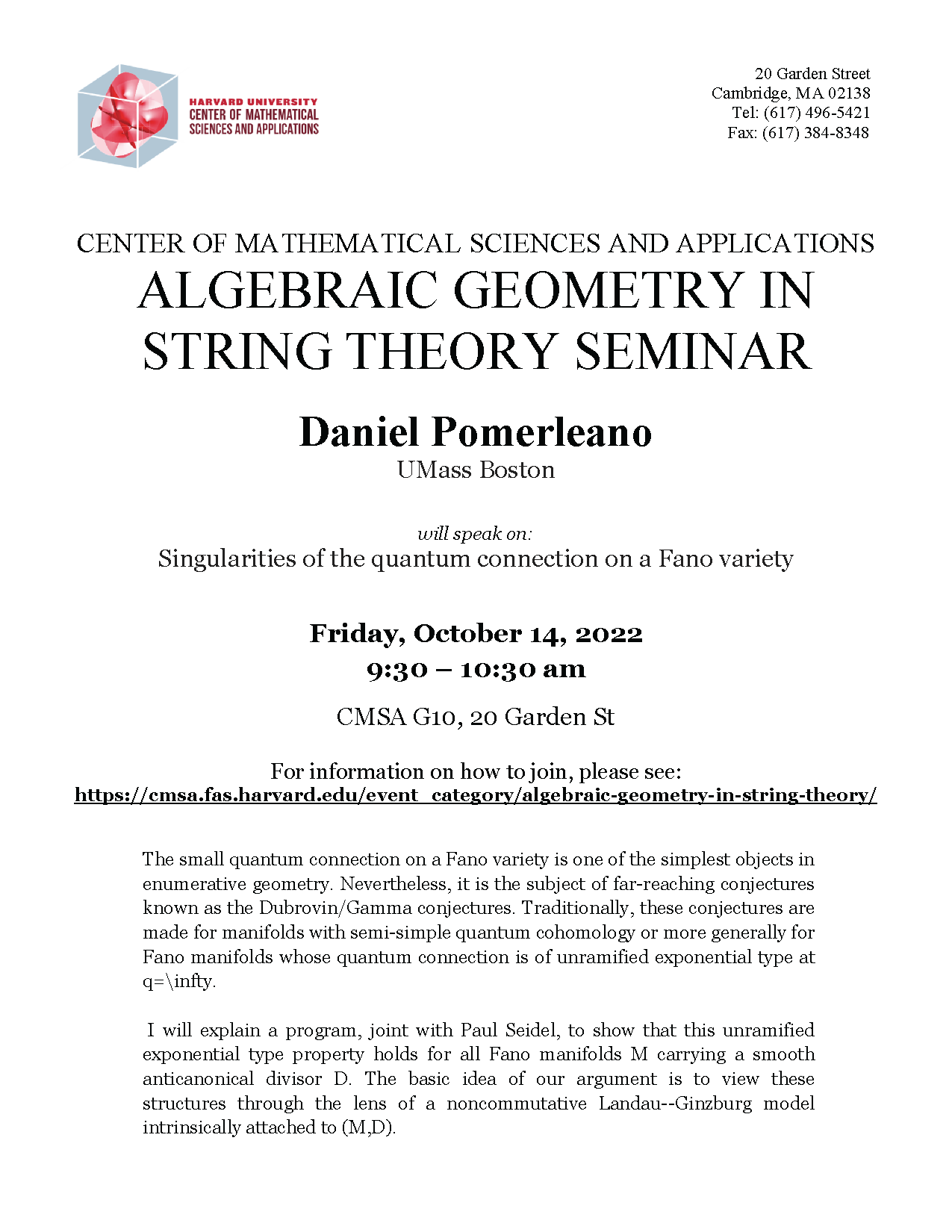 CMSA Algebraic Geometry in String Theory 10.14.2022