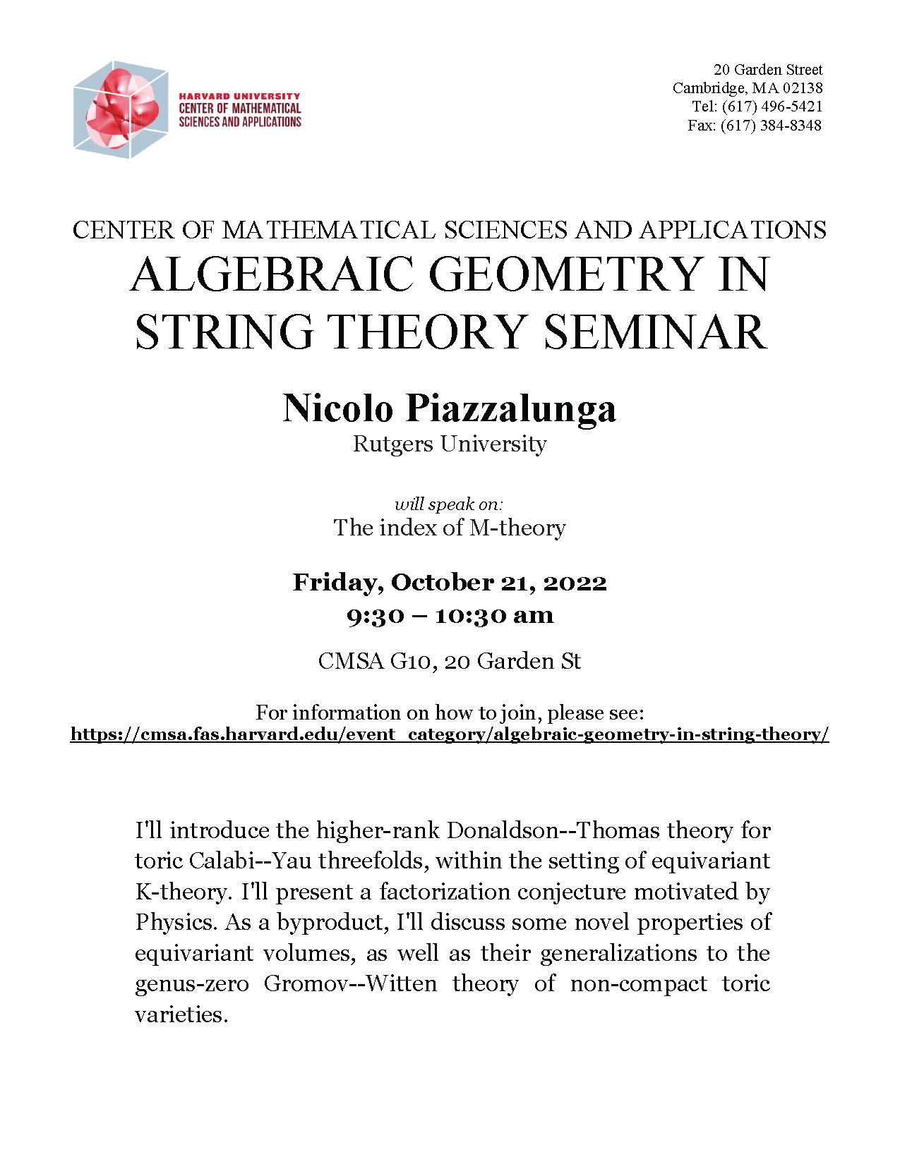 CMSA Algebraic Geometry in String Theory 10.21.2022