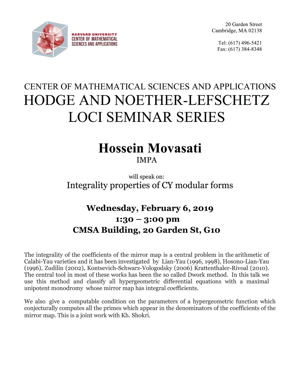 2/6/2019 Hodge and Noether-Lefschetz Loci Seminar