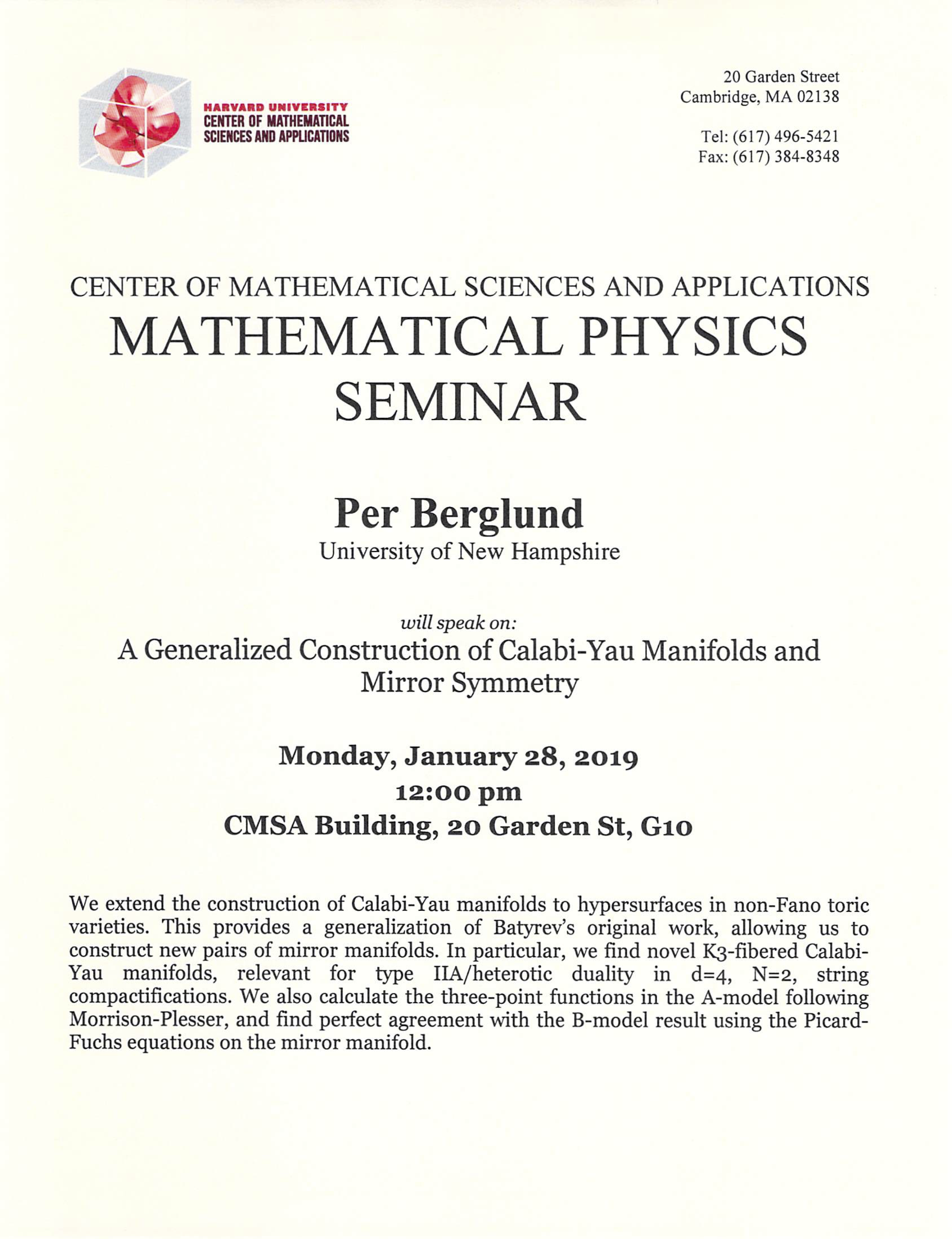 1/28/2018 Mathematical Physics Seminar
