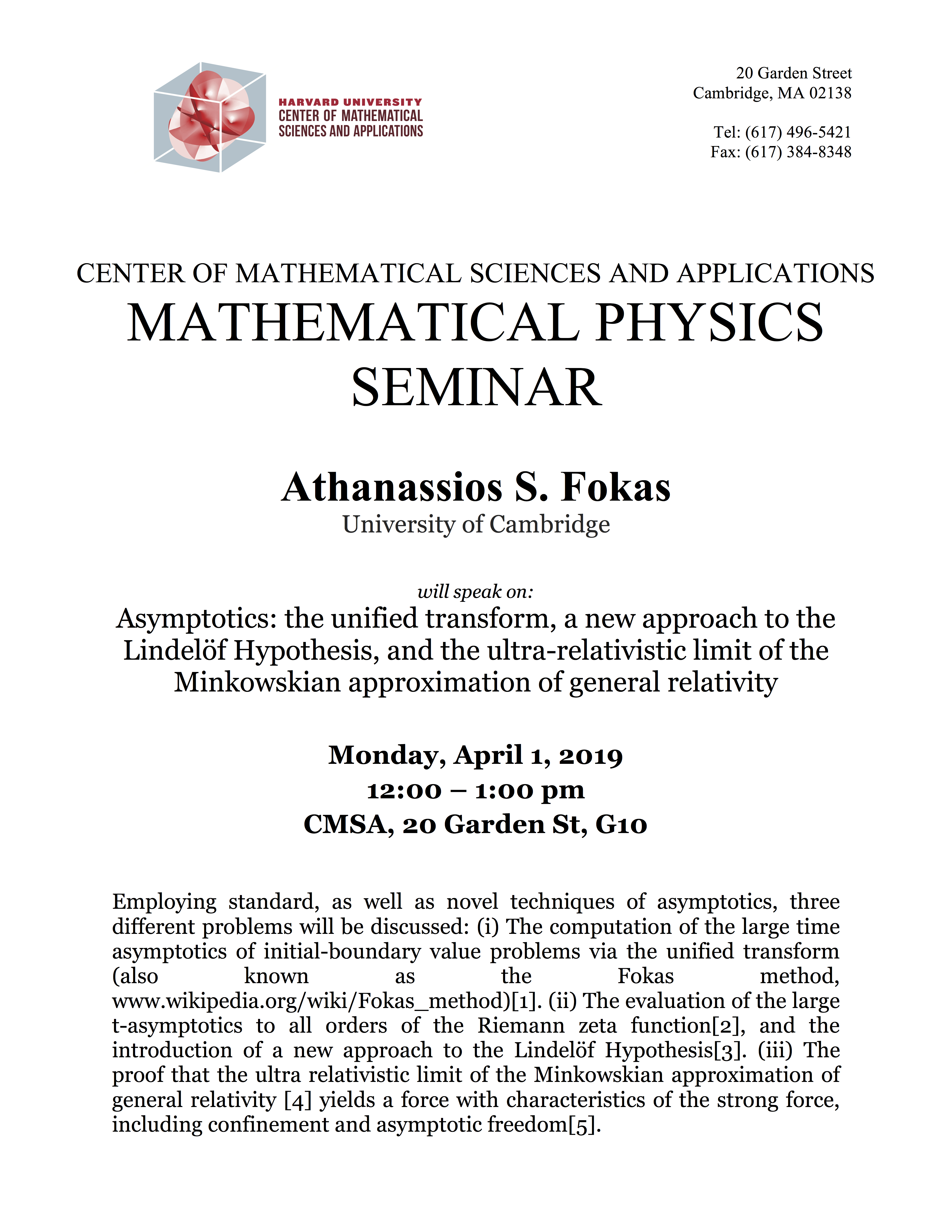 4/1/2019 Mathematical Physics Seminar