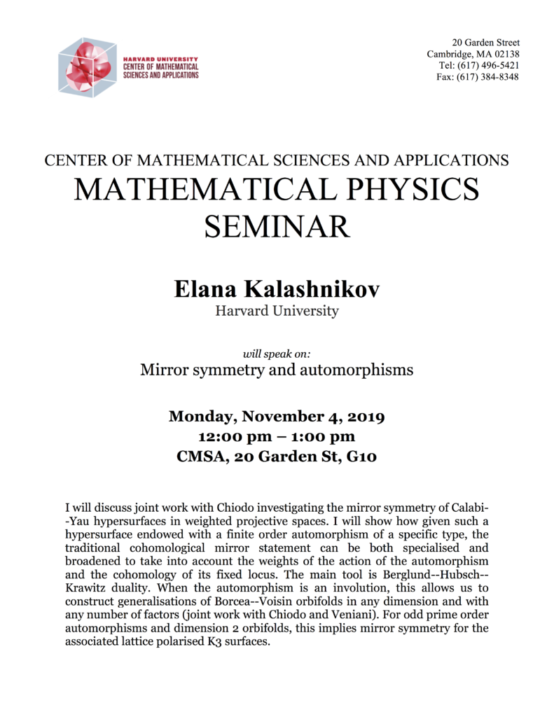 11/4/2019 Mathematical Physics Seminar