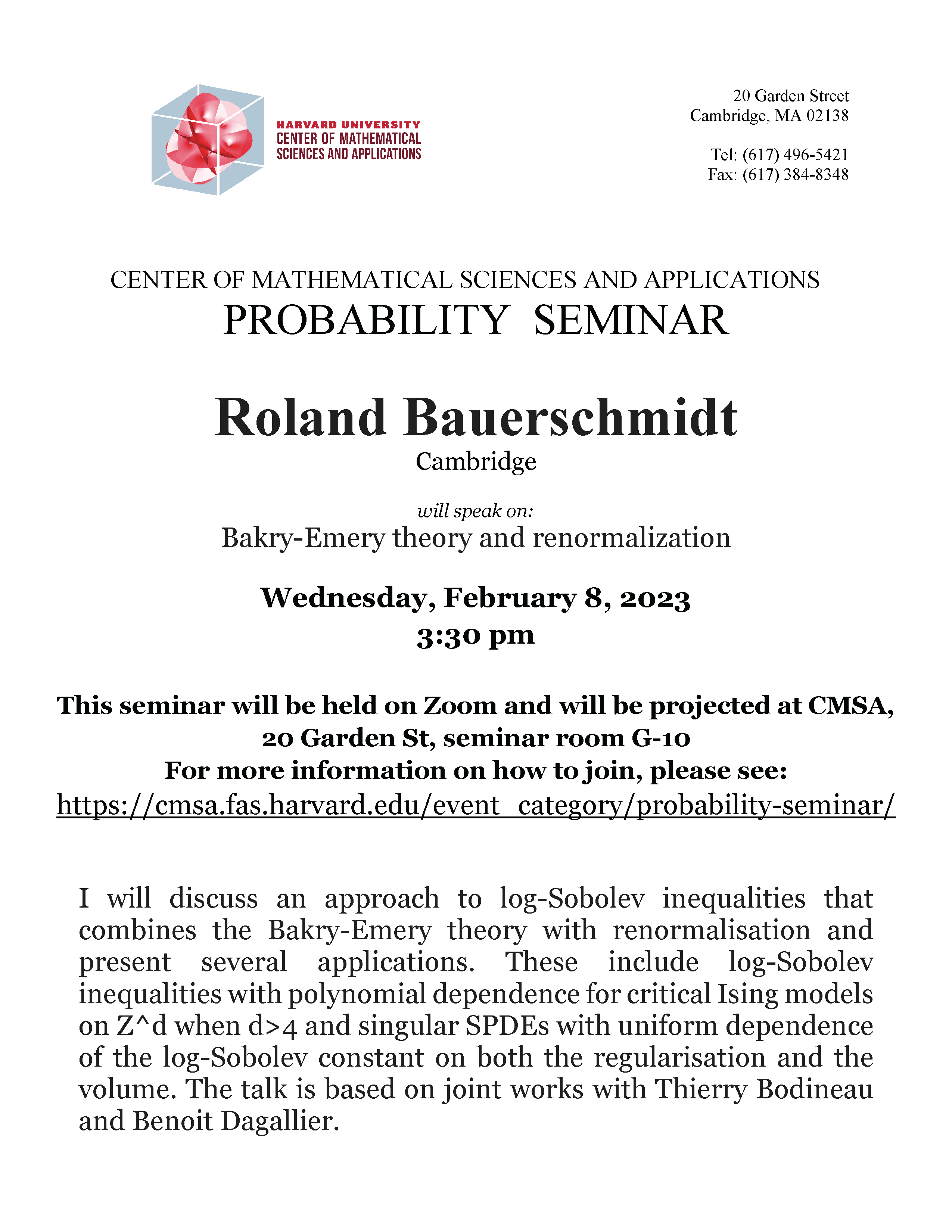 CMSA Probability Seminar 02.08.23