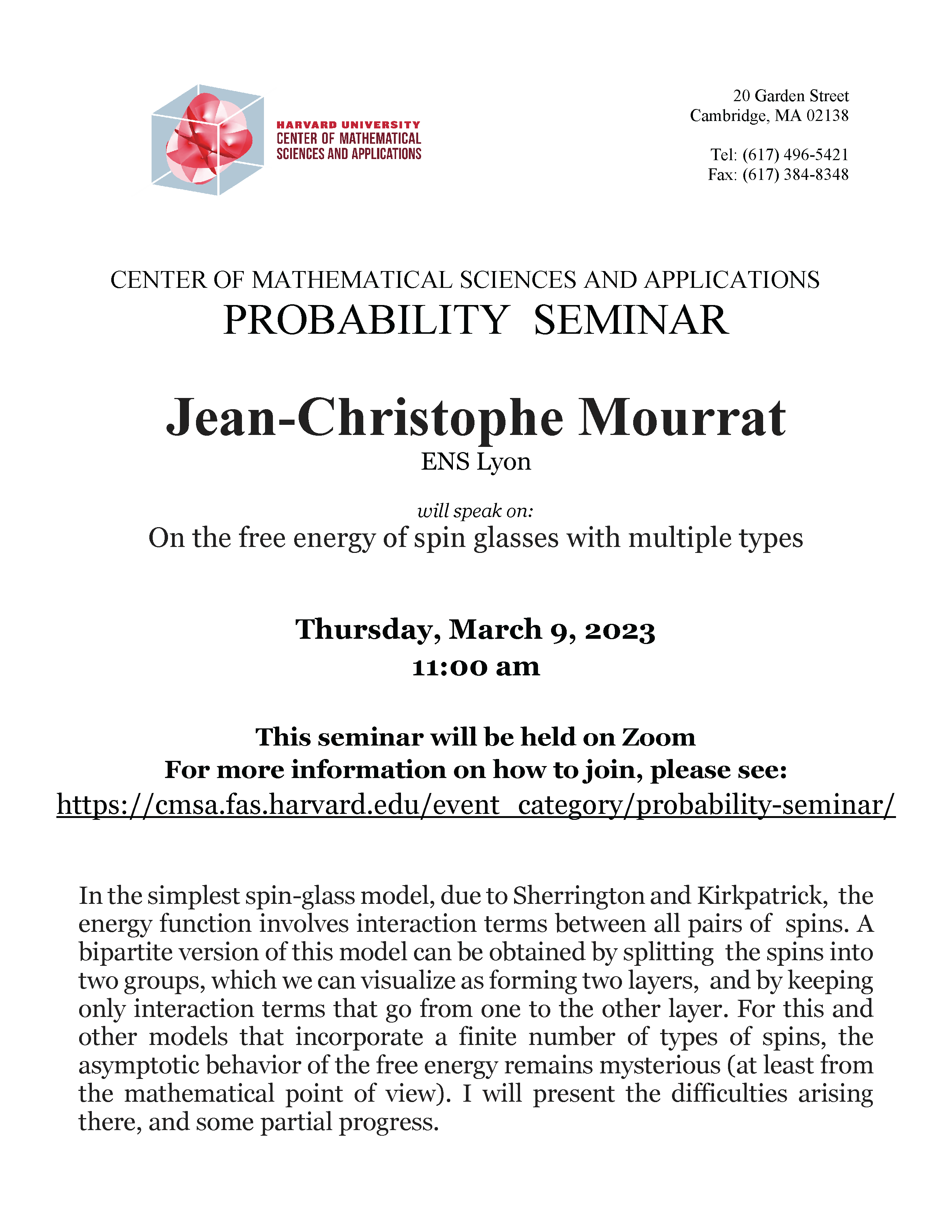 CMSA Probability Seminar 03.09.23