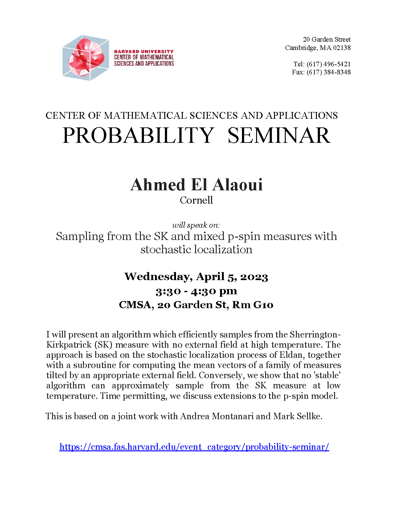 CMSA Probability Seminar 04.05.23