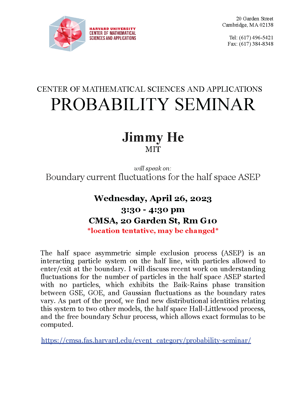 CMSA Probability Seminar 04.26.23
