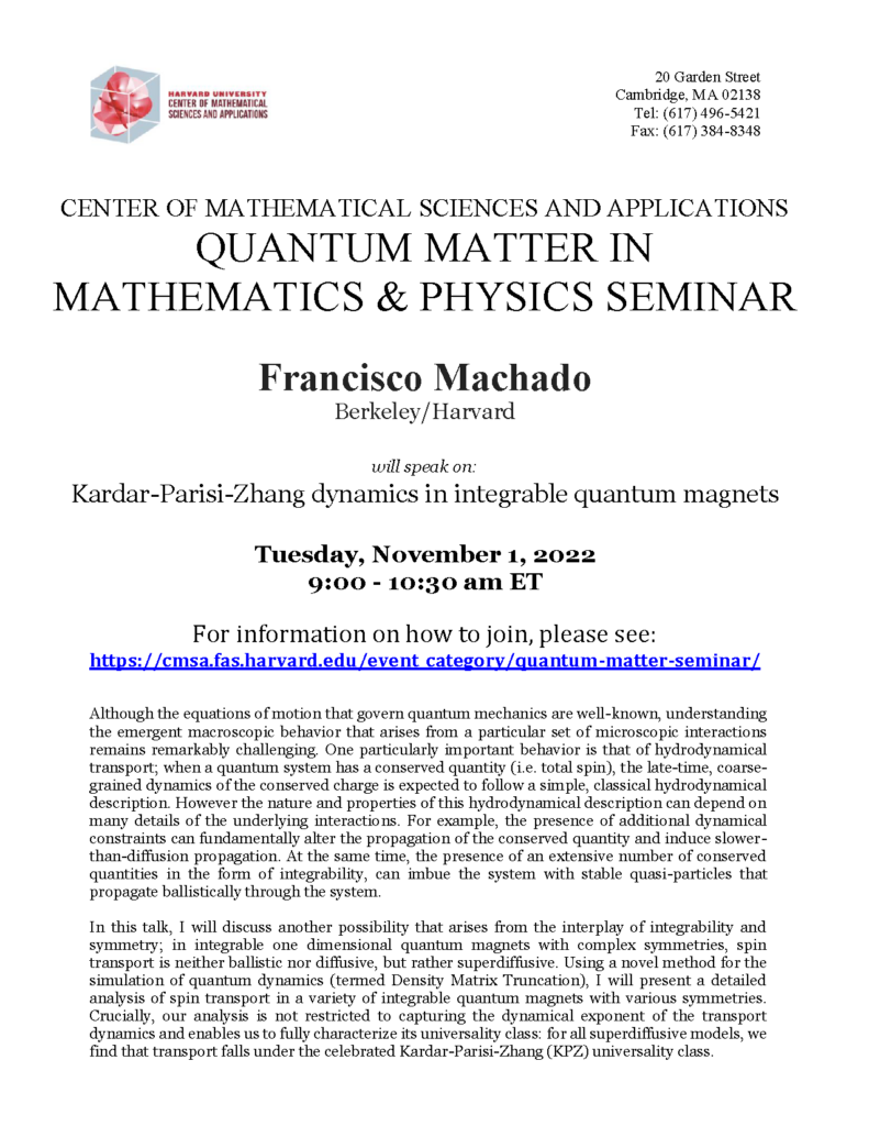 Kardar Parisi Zhang Dynamics In Integrable Quantum Magnets CMSA