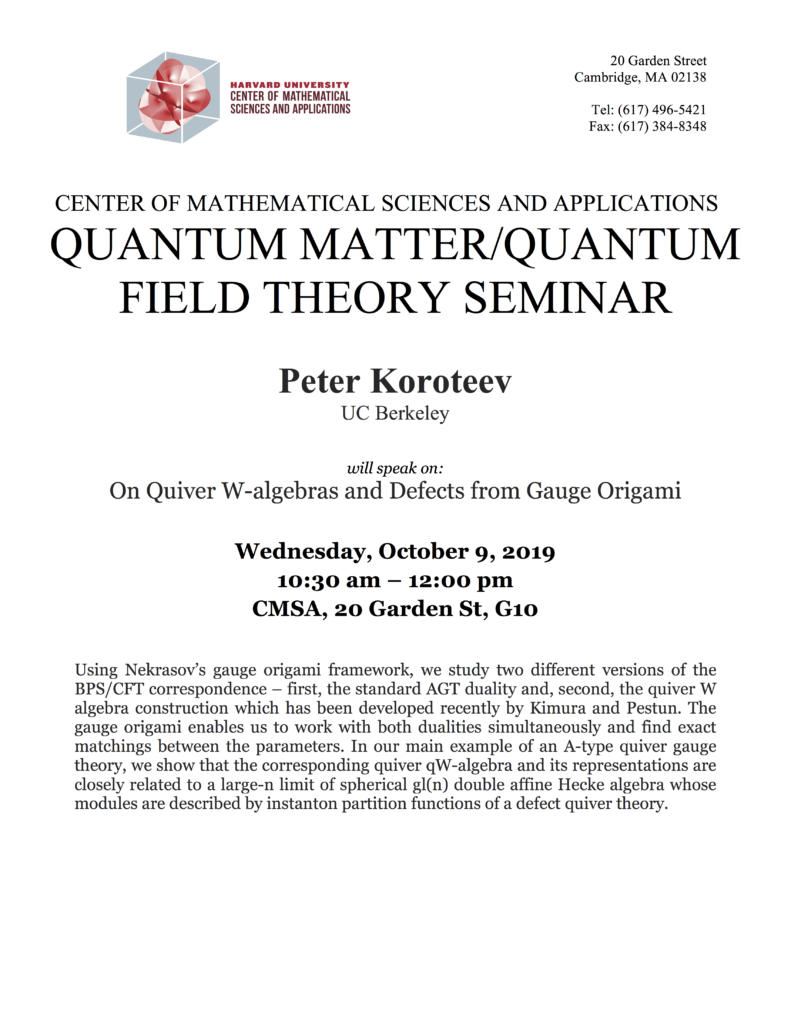 10/9/2019 Quantum Matter Seminar