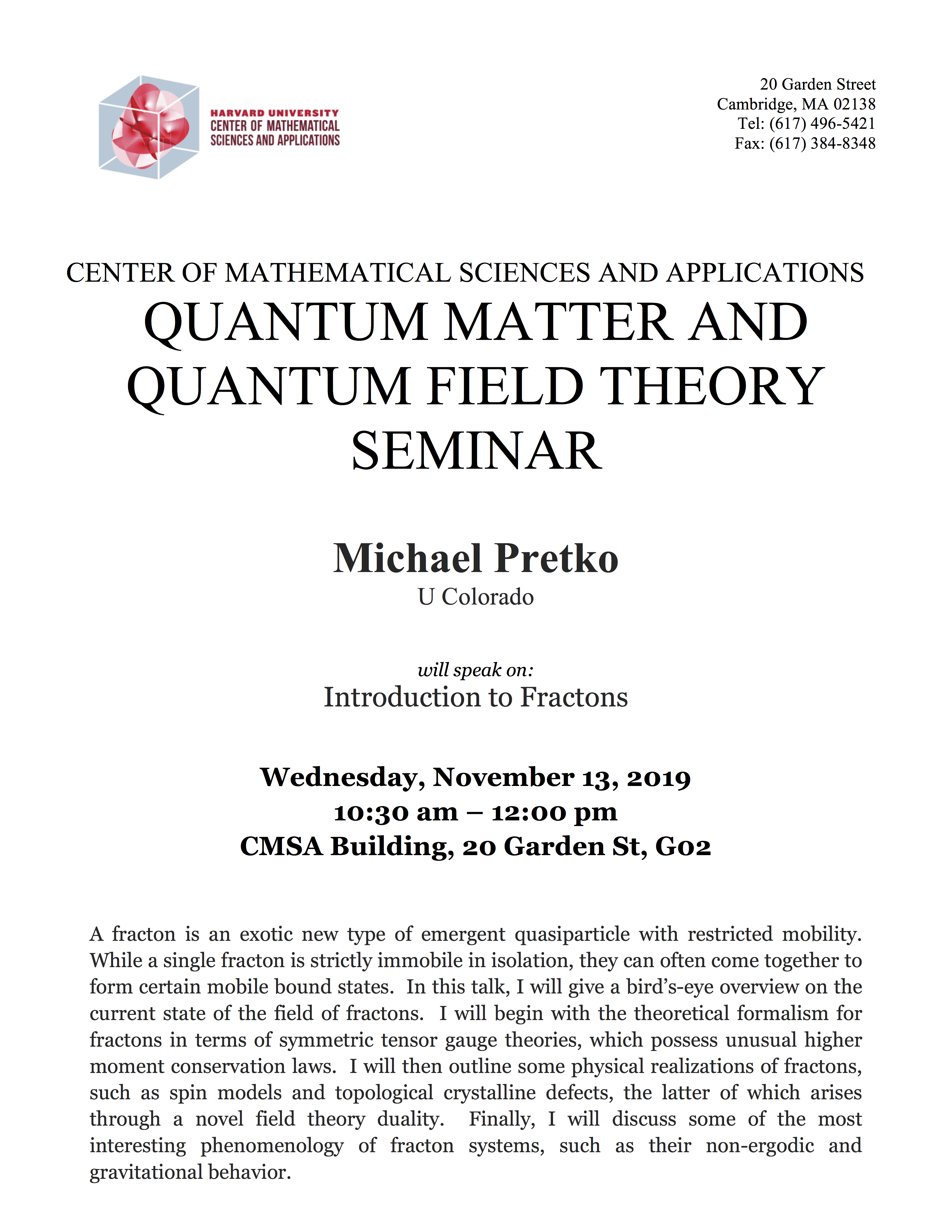 11/13/2019 Quantum Matter Seminar