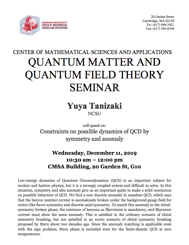 12/11/2019 Quantum Matter Seminar