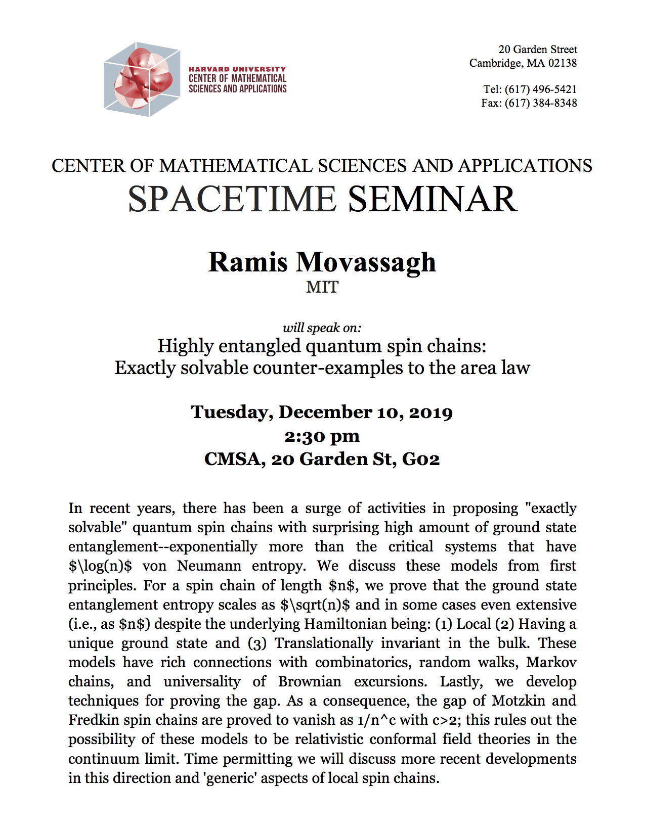 12/10/2019 Spacetime Seminar