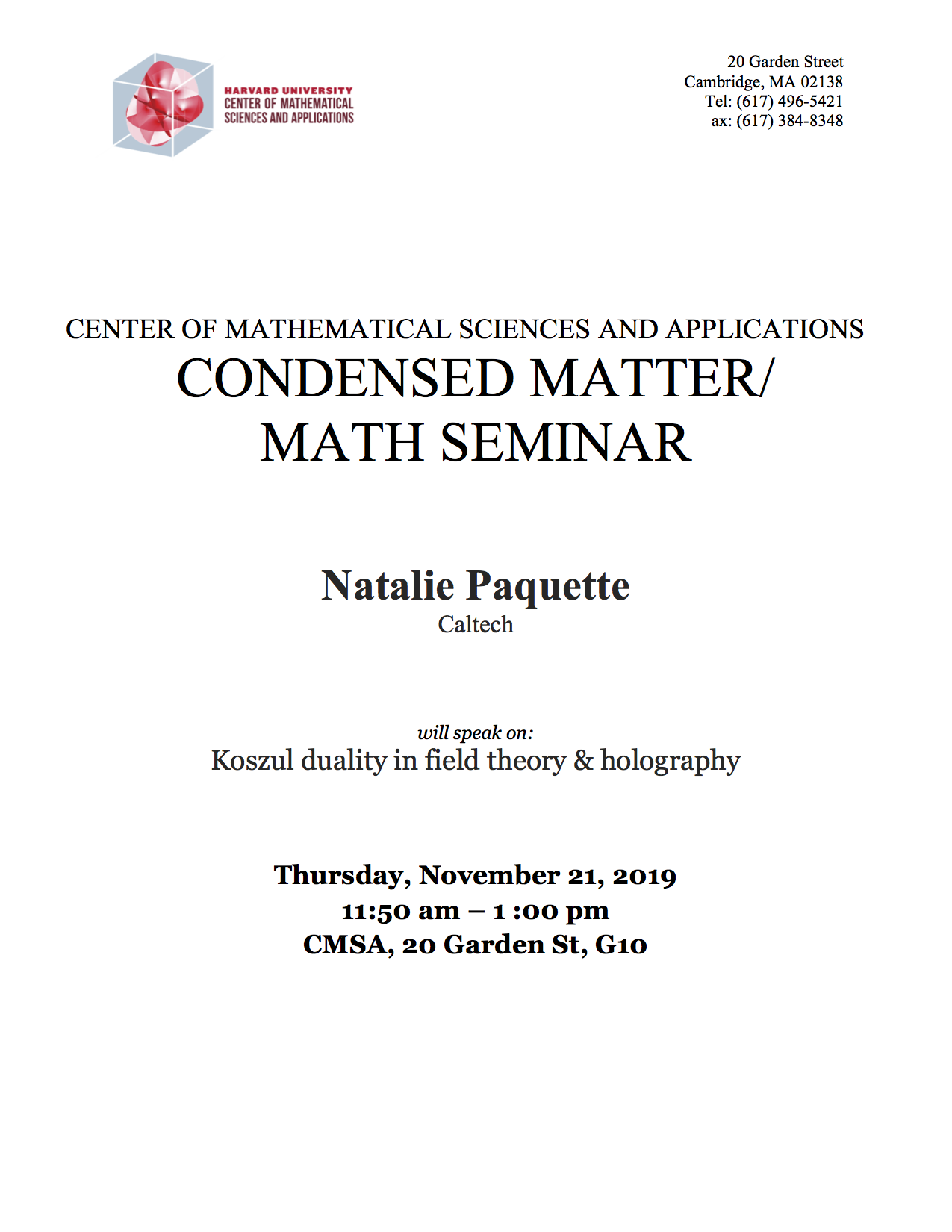 11/21/2019 Condensed Matter seminar