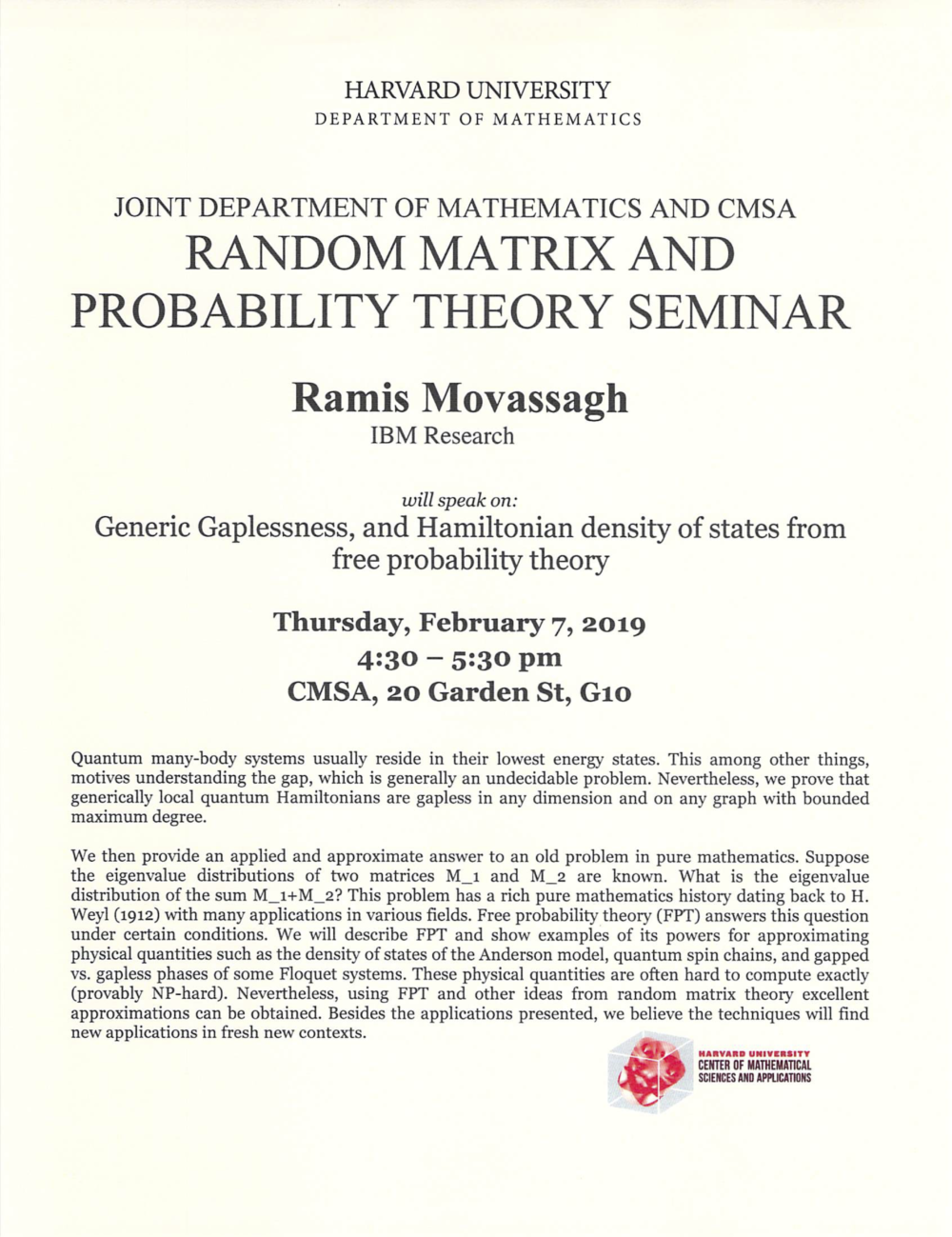 2/7/2019 Random Matrix and Probability Theory Seminar