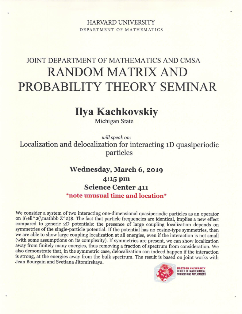 3/6/2019 Random Matrix & Probability Theory Seminar