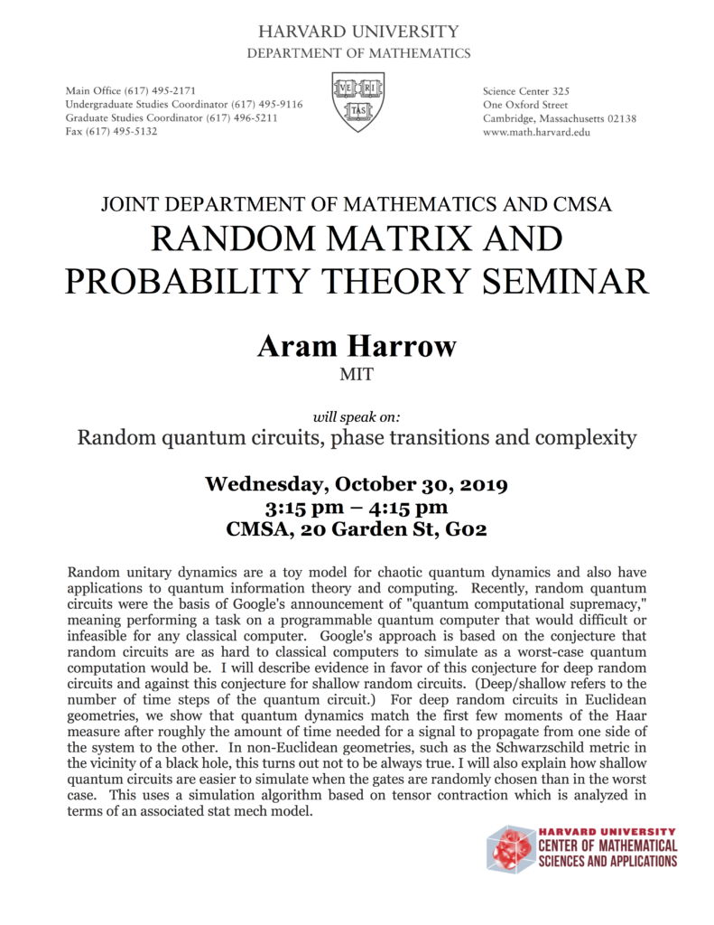 10/30/2019 Random Matrix and Probability Theory Seminar
